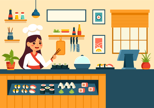 Female chef at sushi bar  Illustration