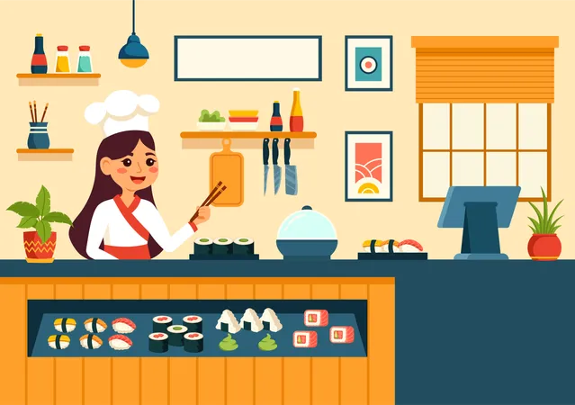 Female chef at sushi bar  Illustration