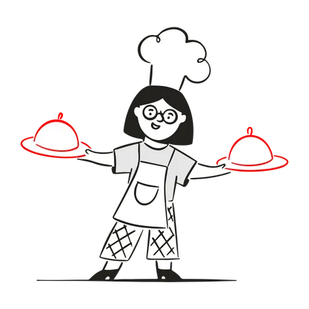 Female chef carries her dishes  Illustration