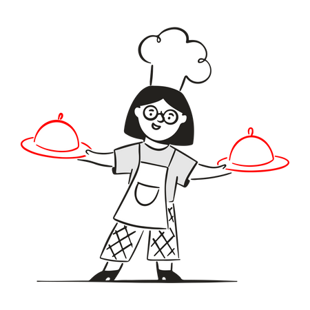 Female chef carries her dishes  Illustration