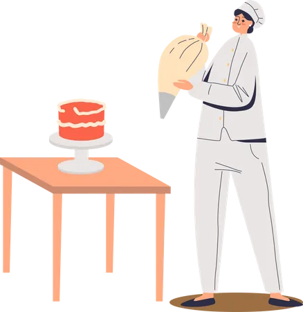 Female chef cock preparing cake decorating with cream from bag Illustration