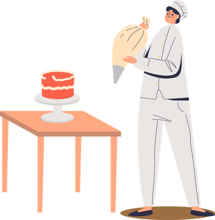 Female chef cock preparing cake decorating with cream from bag  Illustration