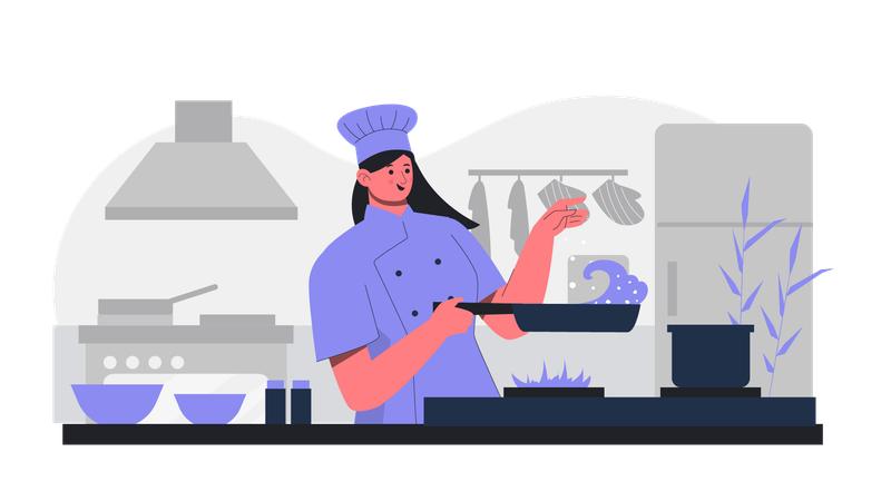 Female Chef cooking food in kitchen  Illustration