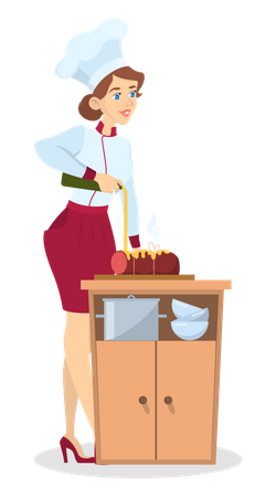 Female chef cooking ham  Illustration