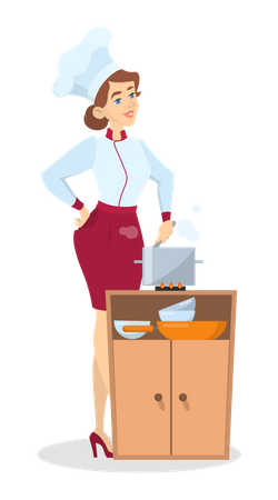 Female chef cooking in cooker  Illustration