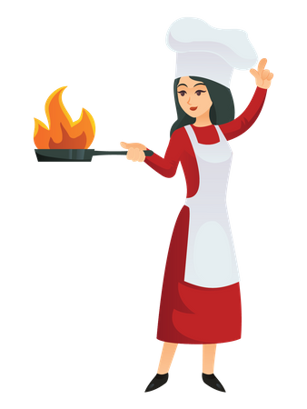 Female chef cooking in frying pan  Illustration