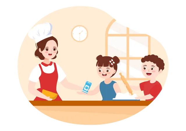 Female chef cooking with kids  Illustration