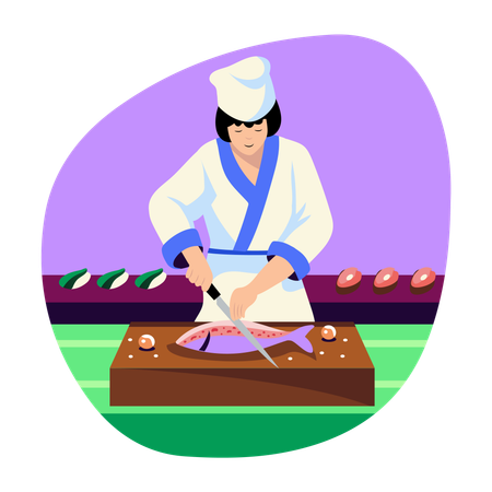 Female Chef cutting Fish  Illustration