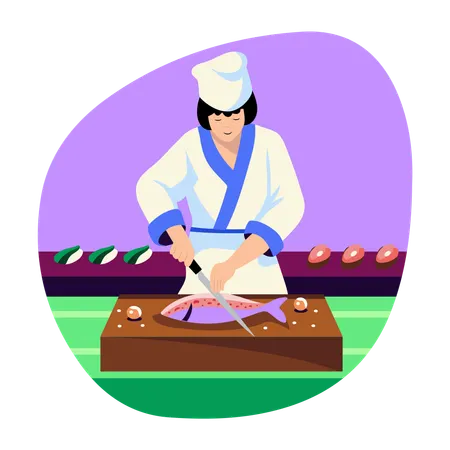Female Chef cutting Fish  Illustration