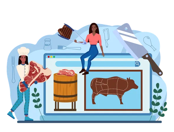 Female chef cutting online beef and cooking  Illustration