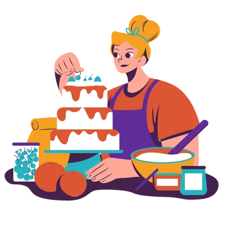 Female chef decorating cake  Illustration