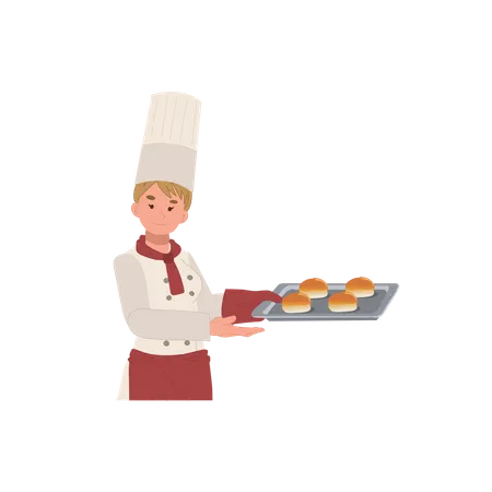 Happy Smiling Woman Bakery Staff Presenting Tray Of Fresh Loaves Flat Vector Illustration Illustration