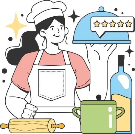 Female chef having five stars food rating  Illustration