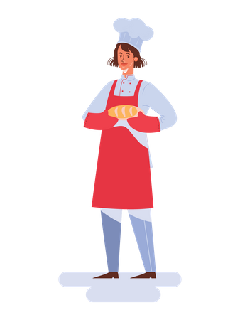 Female chef holding bread Illustration