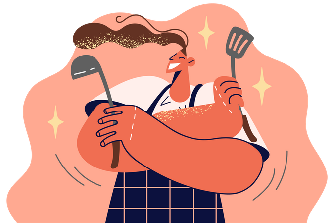 Female chef holding kitchen utensils  일러스트레이션