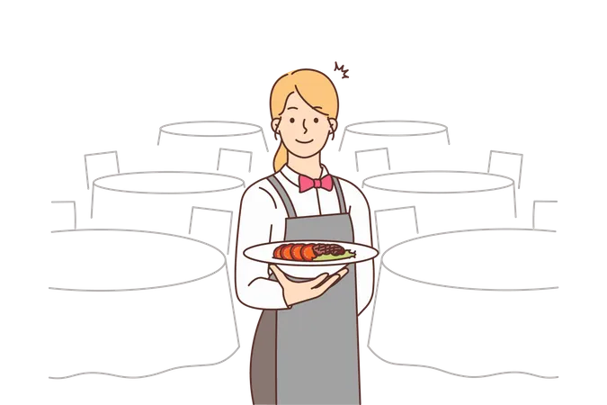 Female chef holding order dish  Illustration