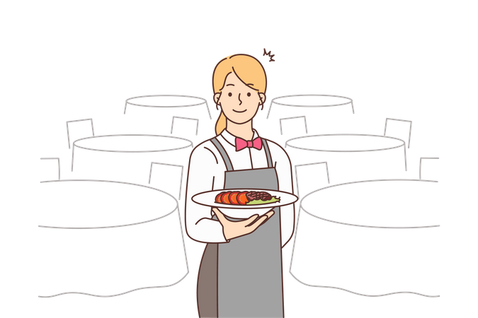 Female chef holding order dish  Illustration