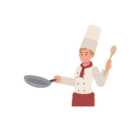 Confident Chef Woman Holding Pan Is Cooking Food Flat Vector Illustration Illustration