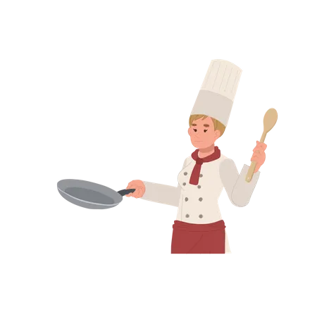 Female chef holding pan while cooking food  Illustration