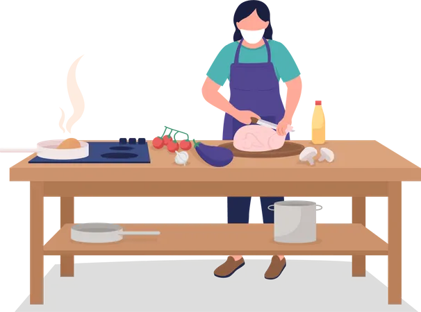 Female Chef In Face Mask Flat Color Vector Faceless Character Safety During Public Event Cooking Culinary Class During Pandemic Isolated Cartoon Illustration For Web Graphic Design And Animation Illustration