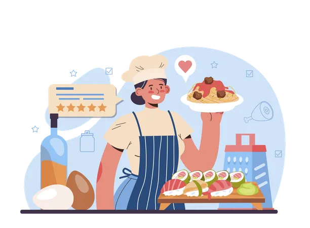 Female chef making and serving tasty dish  Illustration