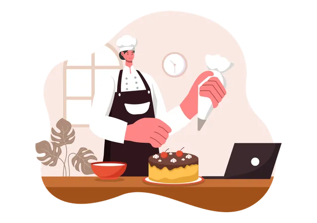 Female chef making cake  Illustration