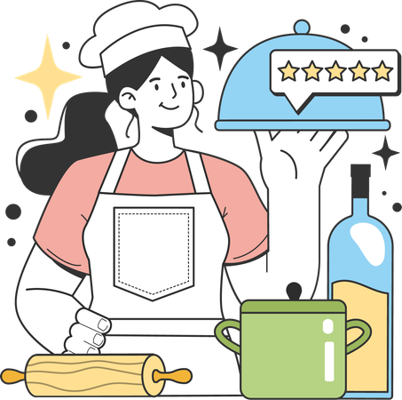 Female chef making food while showing food review  Illustration