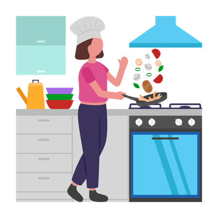 Female Chef prepares food in kitchen  Illustration