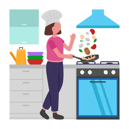 Female Chef prepares food in kitchen  Illustration
