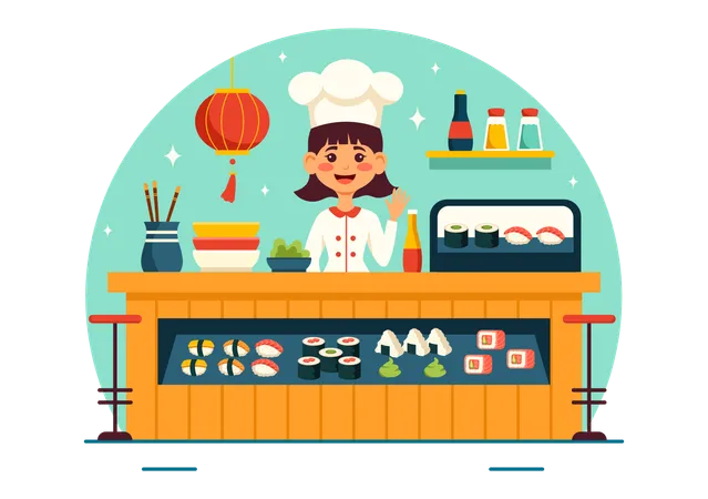 Sushi Bar Vector Illustration Of Japan Asian Food Or Restaurant Of Sashimi And Rice For Eating With Soy Sauce And Wasabi In Flat Cartoon Background Illustration