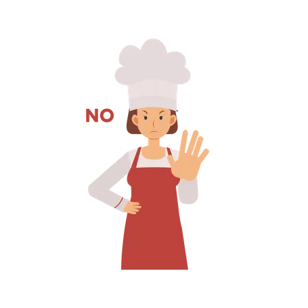 Female Chef In A Cook Coat Doing No Stop Hand Sign Flat Vector Cartoon Character Illustration