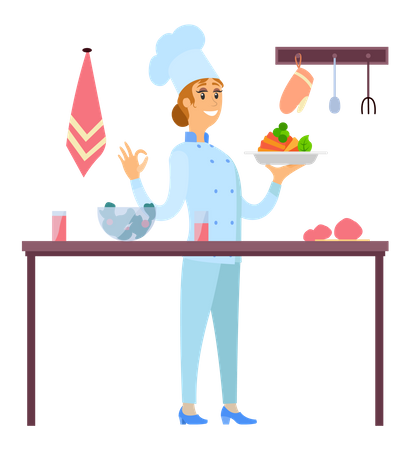 Female chef serves dish at café Illustration
