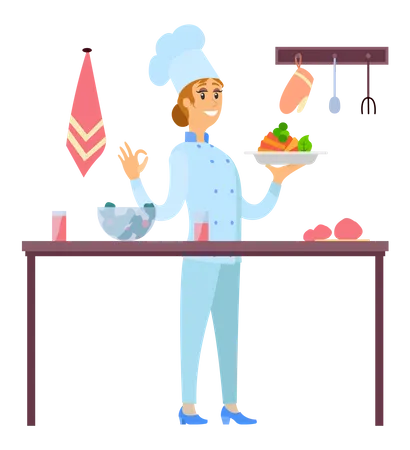 Female chef serves dish at café  Illustration