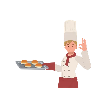 Happy Smiling Woman Bakery Staff Holding Tray Of Fresh Loaves Anf Doing OK Hang Sign Flat Vector Illustration Illustration