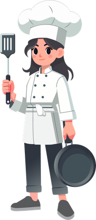 Female chef standing confidently with kitchen equipment  Illustration