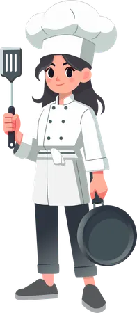 Female chef standing confidently with kitchen equipment  Illustration