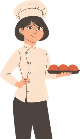 Female chef standing with food tray  Illustration