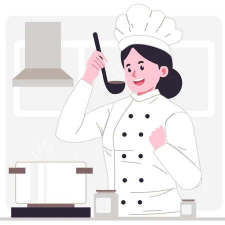 Female chef tasting food in kitchen  Illustration
