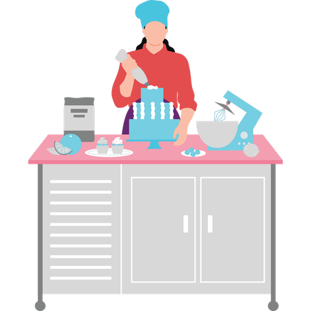 Female chef topping cake  Illustration