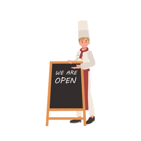 Smiling Woman Chef Is Welcoming With Blackboard Sign We Are Open Flat Vector Illustration Illustration