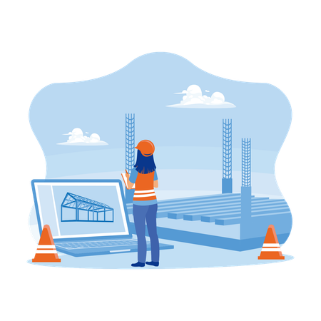 Female Civil Engineer Standing In Front Of Laptop At Construction Site  Illustration