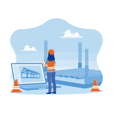 Female Civil Engineer Standing In Front Of Laptop At Construction Site  Illustration