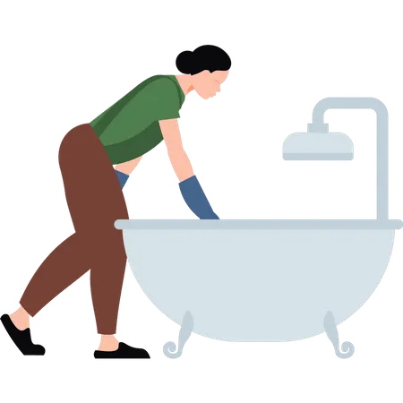 The Girl Is Cleaning The Bathtub Illustration