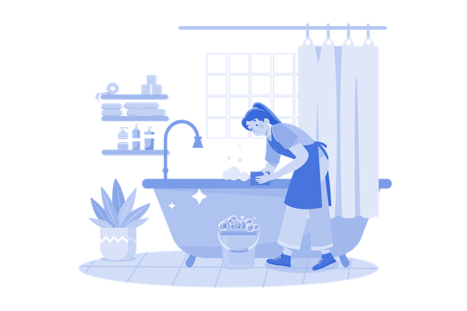 Female Cleaner cleaning The Bathtub  Illustration