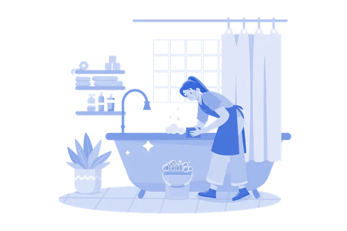 Female Cleaner Is Scrubbing The Bathroom Illustration
