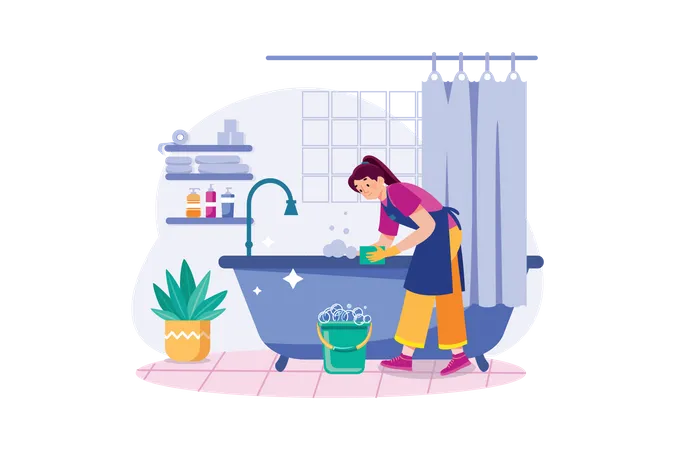 Female Cleaner cleaning The Bathtub  Illustration