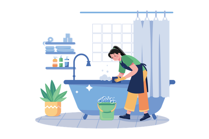 Female Cleaner cleaning The Bathtub  Illustration