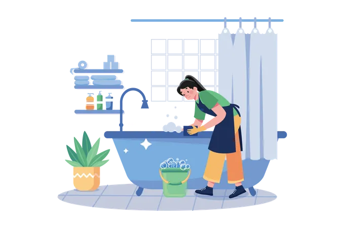 Female Cleaner cleaning The Bathtub  Illustration