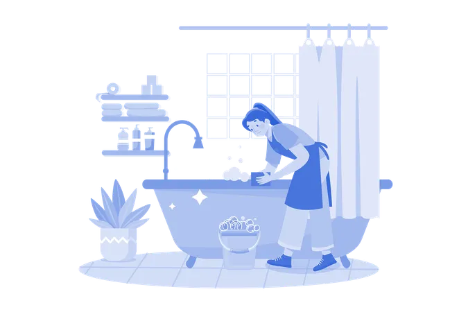 Female Cleaner cleaning The Bathtub  Illustration