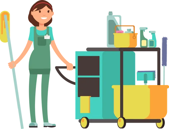 Female cleaner holding cleaning equipment  Illustration